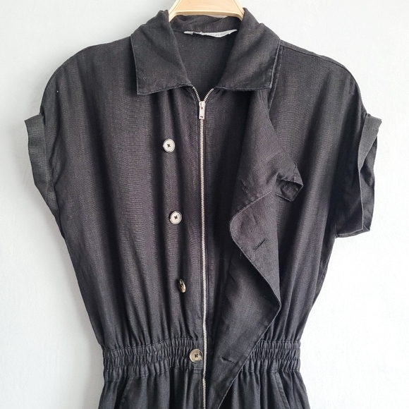 Zara Linen Utility Cargo Black Collared Military Jumpsuit Size Small - Picture 4 of 7